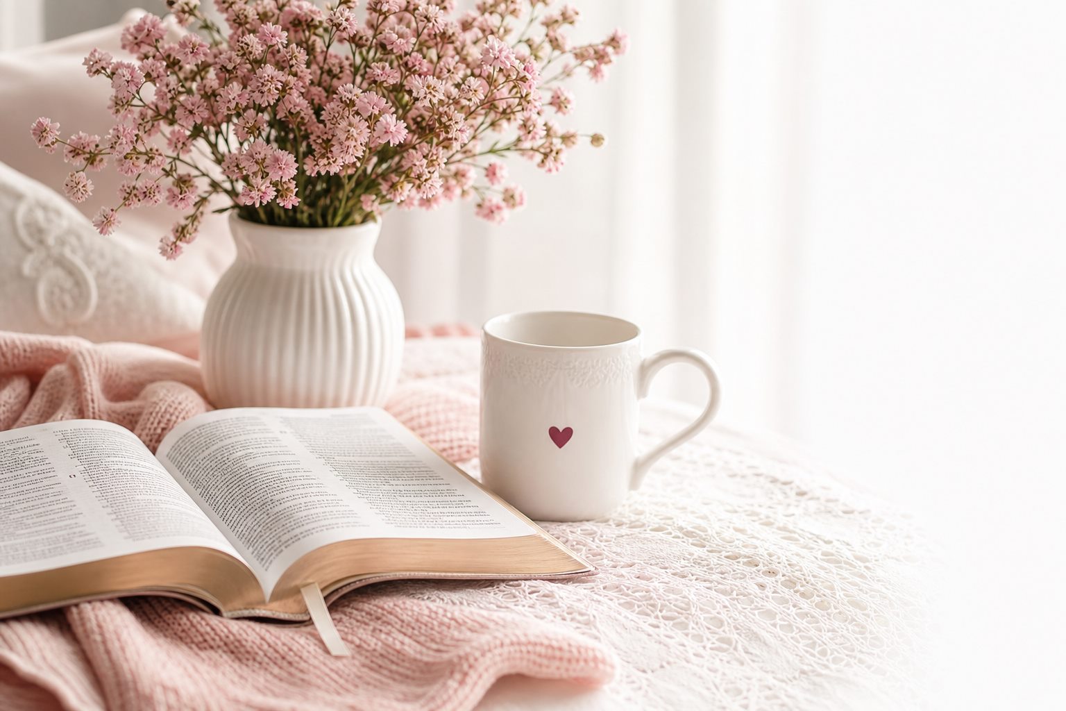 A peaceful devotional setting with Bible, flowers and mug